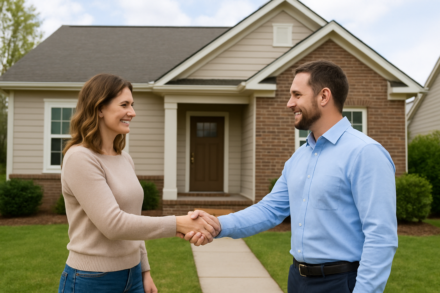 Happy homeowner shaking hands with cash home buyer